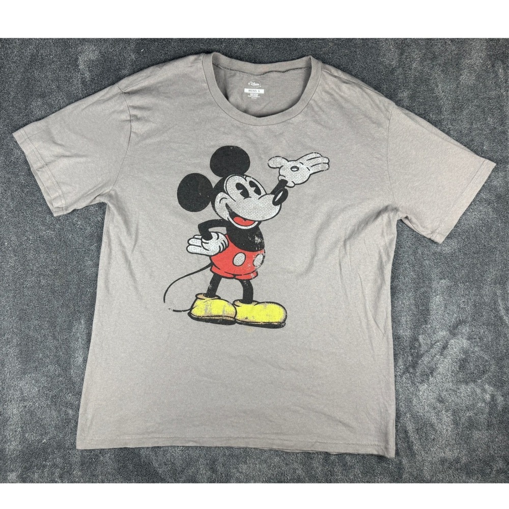 Disney Store Mens Large Mickey Mouse Distressed Graphic T-Shirt Gray Cotton